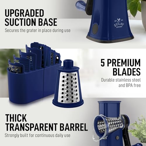 Rotary Cheese Grater Manual Hand Crank 5 Blade Shredder (5 Blades / Sapphire)