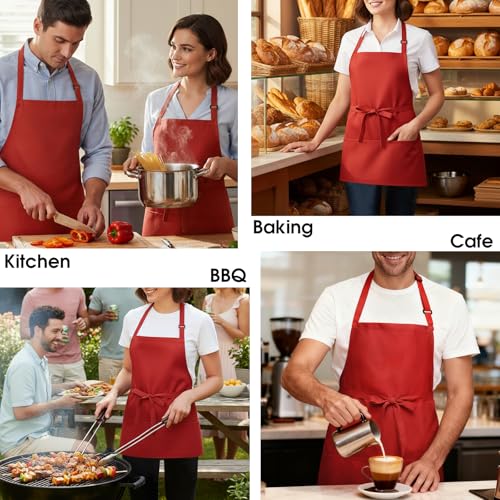Kitchen Cooking Apron Unisex Adjustable chef apron with 3 pockets (01 Pack Red)