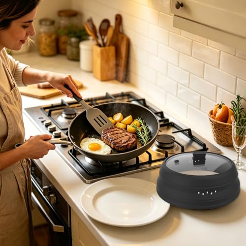 Microwave Splatter Cover Glass Cover Guard Lid with Collapsible Silicone for Food Pot Plate Cover 11.8 inch Black (BLACK / 11.8 inch)
