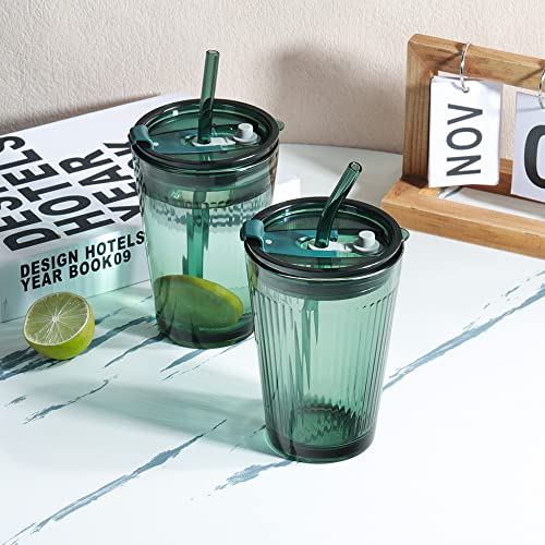 Glass Tumbler with Straw and Lid (Green-1)