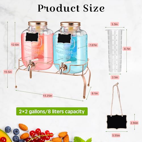 2 Pcs 2 Gallon Glass Drink Dispenser with Stand Ice Cylinder Hanging Chalkboard Signs 18 (Rose Gold)