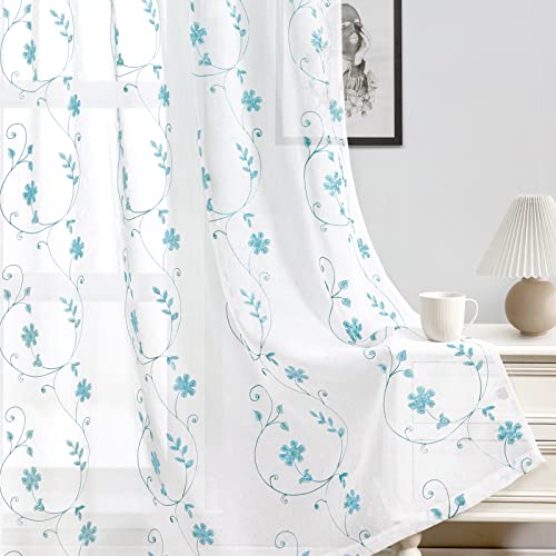 White and Blue Embroidered Floral Sheer Curtains 84 Inches Long 2 Panels Flower Pattern Semi Sheer Window Curtains for Bedroom Living Room (52"W x 84"L (Pack of 2) / White & Blue)
