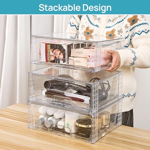 4 Pack Large Clear Stackable Storage Drawers for Closet