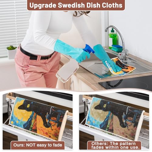 10 Pack Swedish Dishcloth Cellulose Sponge Cloths Bulk (10 Pack-black Cats+ Clips)