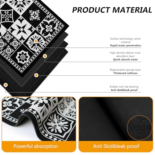Coffee Bar Mat Hide Stain Rubber Backed Absorbent Drying Mat Modern Kitchen Drying Mat Easy Clean (Retro Black / 19" x 12")
