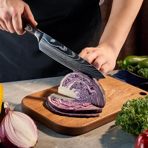 SENKEN 8 piece Premium Japanese Kitchen Knife Set with Laser Damascus Pattern