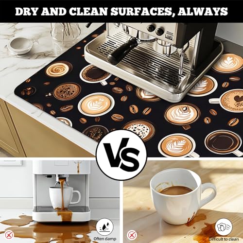 Dish Drying Mat Large Coffee Mat Absorbent Drying Mat for Kitchen Counter Coffee Bar Accessories 32"x 17" (Latte Cups)