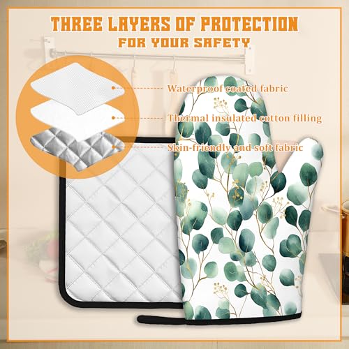 Eucalyptus Leaf Oven Mitts and Pot Holders Set (Eucalyptus Leaf Golden Green)