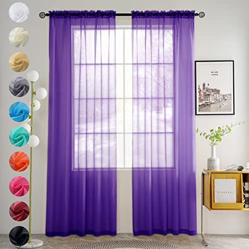 Solid Sheer Rod Pocket Curtain Voile Draperies 2 Panels White Beige Black Grey Coffee 52 Inch Width 54 Inch Long 1 Pair for Kitchen Bedroom Children Living Room Yard (Purple / 52"W x 54"L (Pack of 2))