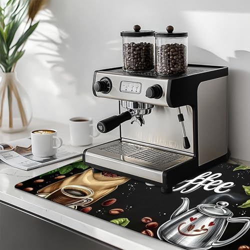 Dish Drying Mat Large Coffee Mat Absorbent Drying Mat for Kitchen Counter Coffee Bar Accessories 32"x 17" (Coffee Leaves)