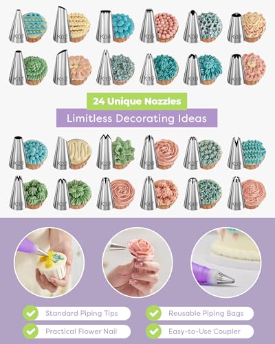 32 Piping Bags and Tips Set Frosting Piping Kit for Beginners & Pros (Purple)