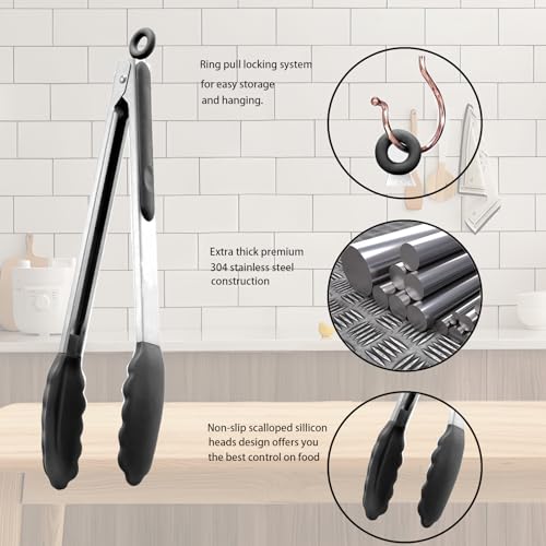 Kitchen Tongs with Silicone Tips (Black)