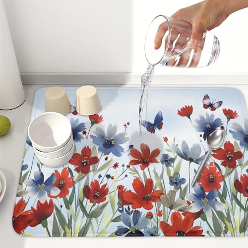 4th of July Dish Drying Mat for Kitchen Counter 18 x 24 Inch Patriotic Floral Dish Drainer Mat Absorbent Microfiber Independece Day Dish Rack Pad for Coffee Dining Bar Decor (Blue Red / 18" x 24")