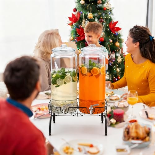 2 Pack 3 Gallon Glass Drink Dispenser for Parties Glass Beverage Dispenser with Stand and Spigot Leakproof Iced Water Storage Lemonade Juice Jar Mason with Lids for Wedding Parties Kitchen (3 Gallon)