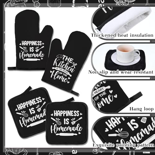 12 Pcs Farmhouse Kitchen Decor and Accessories Sets 4 Black Kitchen Towels 4 Absorbent Dishcloths 2 Pot Holders 2 Oven Mitts Gloves for Home Decorations Mom Gifts (Black / Refined)