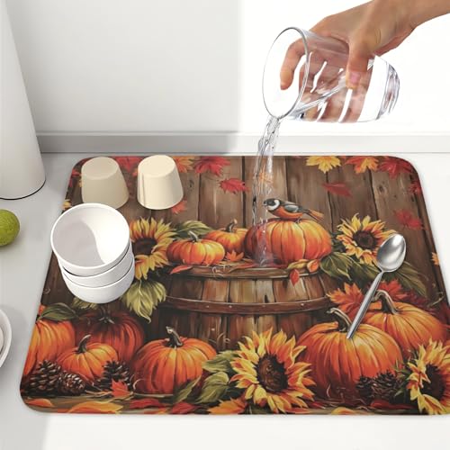 Fall Pumpkin Dish Drying Mat for Kitchen Counter Thanksgiving Autumn Harvest Pumpkin Microfiber Dish Drainer Mat Rustic Farmhouse Absorbent Washable Drying Pad 16"x18" (Fall Pumpkin / 18" x 16")