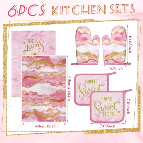 6 Pcs Pink Kitchen Decor Marble Kitchen Towels Set Pot Holders and Oven Mitts Pink Marble Linens Set for Baking Cooking Grilling Cleaning Supply Accessories (Pink)