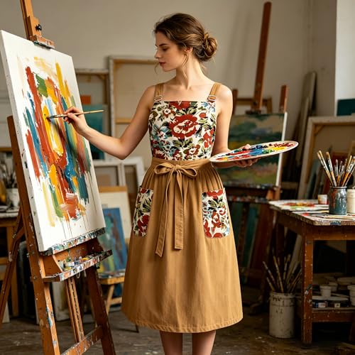 Apron for Women with Pockets Cotton Linen Metal Clip Adjust Kitchen Cooking Baking Gardening Aprons Dress Pocket Chef Apron Utility Waist Tie (1 Pack-coffee With Red Green Floral)