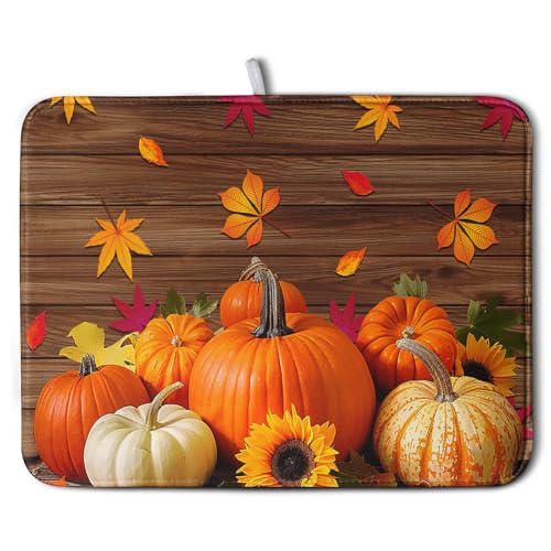 AutumnThanksgiving Pumpkin Dish Drying Mat for Kitchen Counter 18x24 Inch Fall Sunflowers Maple Leaves Harvest Kitchen Drying Mat Microfiber Super Absorbent Dish Rack Drainer Mat with Hanging Loop (Pumpkin / 18" x 24")