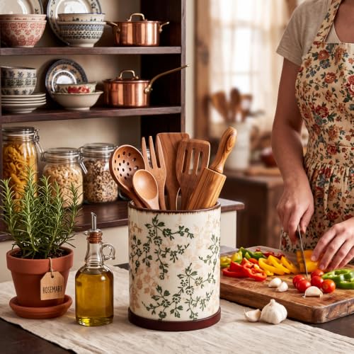 Rustic Rotating Ceramic Utensil Holder Brown Green Floral 6.9" (Brown Green Floral / 6.9" / Rustic Rotating)
