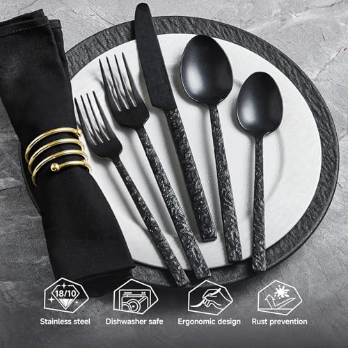 65 Pcs Black Hammered Silverware Set with Serving Utensils for 12 (Black / 65-Piece)