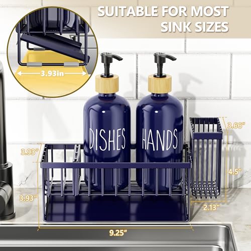 Kitchen Dish Soap Dispenser Set with 2 Pack 16.9oz Amber Glass Bottle and Sponge Holder (Navy Blue Set)