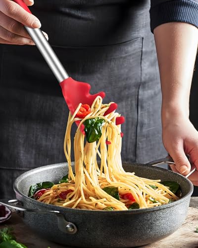 Silicone Spaghetti Spoon and Pasta Tong (Red)