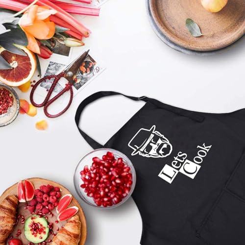 Funny Black Chef Aprons for Men Adjustable BBQ Kitchen Cooking Apron (Lets Cook)