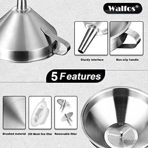 3Pcs Kitchen Funnel with 2 Removable Strainer ＆ 1 Cleaning Brush & 1Pc 200 Mesh Food Filter Strainer (3pcs 5.7+5+4.1cm)