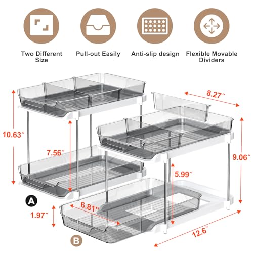 2-Tier Multi-Purpose Bathroom Under Sink Organizers and Storage, Stackable Kitchen Pantry Organization, Pull Out Medicine Cabinet Organizer with Movable Dividers, Grey, 2 Pack (Grey / 2 Pack)