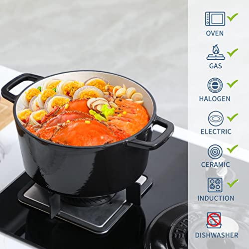 6 QT Enameled Cast Iron Dutch Oven Pot with Lid (Black / 6QT-Round)