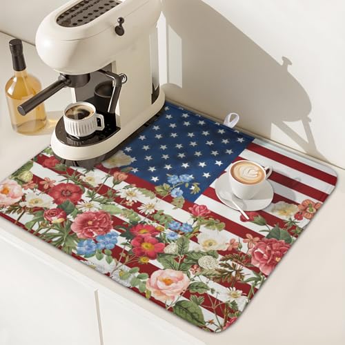4th of July Dish Drying Mat 18x16 Inch (Patriotic Floral Blue Red / 18" x 16")