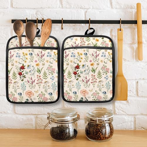 Beige Floral Botanical Pot Holders with Pockets (Wildflower-f)