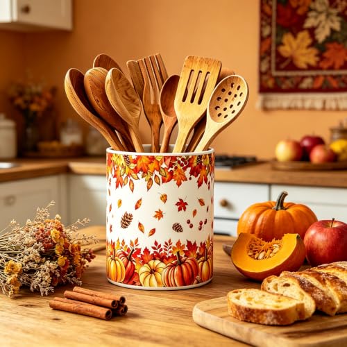 Fall Ceramic Utensil Holder Orange Watercolor Pumpkin Maple Leaf Kitchen Crock for Autumn Harvest Thanksgiving Countertop Storage Organizer (Orange Maple Leaf)