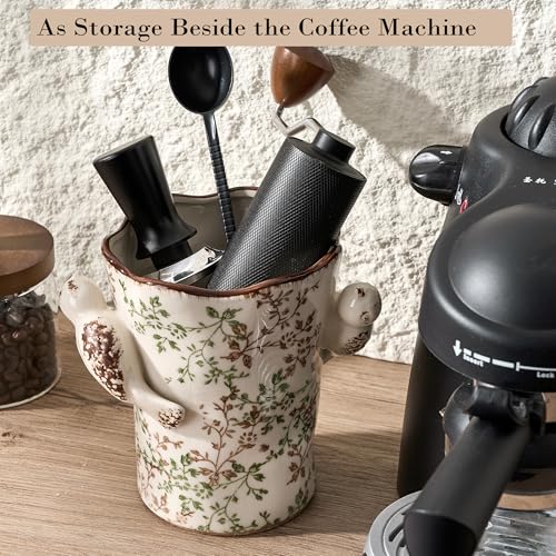 6.34'H Utensil Holder for Kitchen Counter (Green and Beige- 2 Birds)