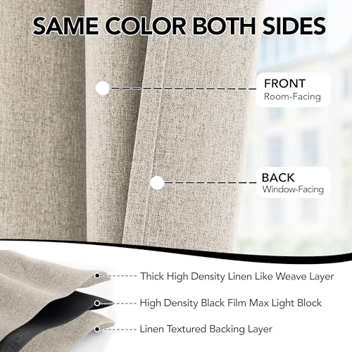 100% Blackout Linen Curtains 84 Inch Long for Living Room Bedroom (Light Taupe/Linen Total Blackout / 52"W x 84"L (Pack of 2))