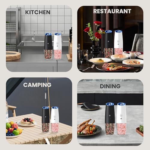 Rechargeable Gravity Salt Pepper Grinder Set (Rechargeable/2pcs/Black+White)