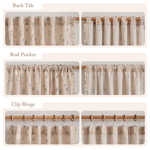 Floral Boho Semi Sheer Linen Blend Farmhouse Curtains 84 Inches Long 2 Panels Set Cute Flower Printed Drapes with Tassels Back Tab Rod Pocket for Living Room Bedroom (Flesh Pink / 50"W x 84"L (Pack of 2))
