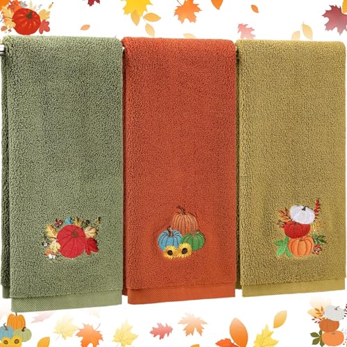 3 Pcs Fall Hand Towels for Bathroom 13.8 x 29.5 Inch Autumn Decorative Bath Towels Sets 100% Cotton Embroidered Pumpkin Maple Thanksgiving Bathroom Decor (Green Orange Yellow / Pumpkin)