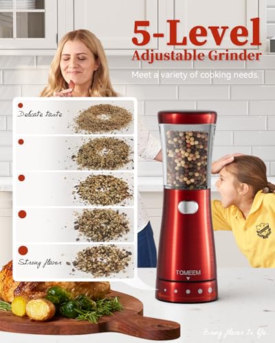 Electric Salt and Pepper Grinder Set with Storage Base (Bright Red)