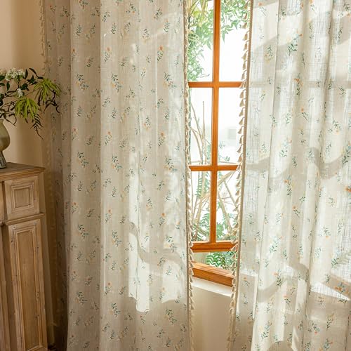 Boho Floral Linen Curtains 63 Inch Length 2 Panels Farmhouse Bohemian Spring Patterned Semi Sheer Drapes with Tassels Back Tab for Living Room Bedroom (Blue and Orange / 50"W x 63"L (Pack of 2))