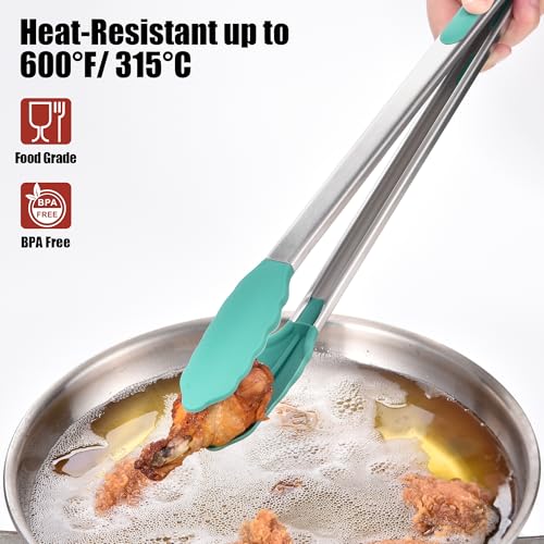 Kitchen Tongs with Silicone Tips for Cooking Serving (16in / Aqua Sky)