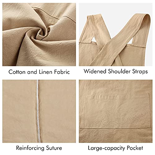Cotton Linen Cross Back Aprons Solid Color Unisex Pinafore Vintage Apron Japanese Style with 2 Pockets for Kitchen Cooking Baking Painting Gardening Cleaning for Women Men (Beige)