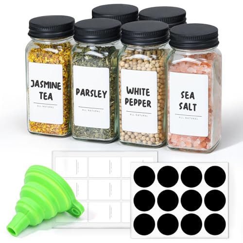 Glass Spice Jars with with Labels 4 oz 6 Pack Small Square (4 fl oz x 6 - Metal Lids)