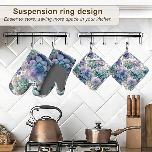 Succulent Botanical Floral Oven Mitts and Pot Holders Sets of 4 (Succulent Botanical Floral)