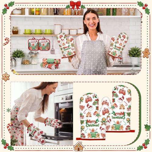 10 Pcs Christmas Gingerbread Man Kitchen Decor and Accessories Set Kitchen Towels Pot Holders Oven Mitts and Rugs for Baking Cooking BBQ Mom Housewarming Gifts (White,green,red / Cute Gingerbread Man)