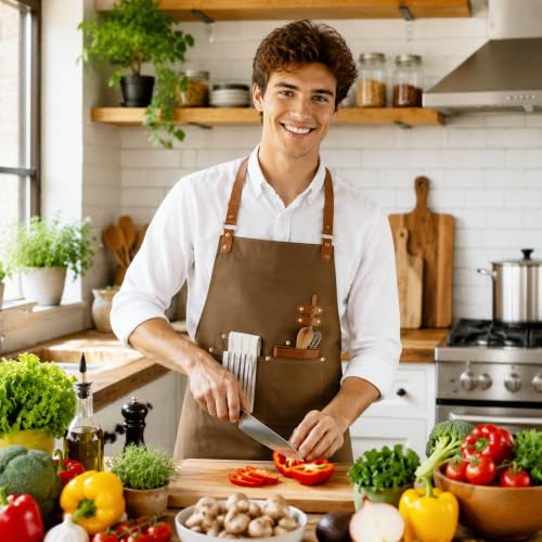 Chef Apron for Men Women with Pockets Adjustable Neck Strap (Brown)
