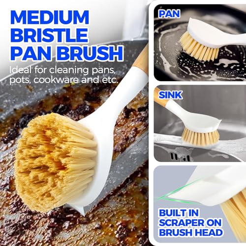 3 Pack Dish Brush with Bamboo Handle Cleaning Brush (White Yellow Black)