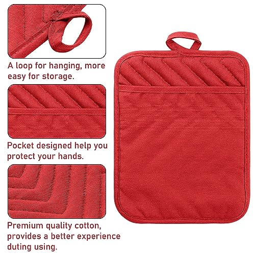 5Pack Pocket Pot Holders Cotton Heat Resistant Potholder Multipurpose Hot Pads Machine Washable Oven Mitts Potholders Bulk for Daily Kitchen Baking and Cooking 7 x 9 Inch Red (Red)