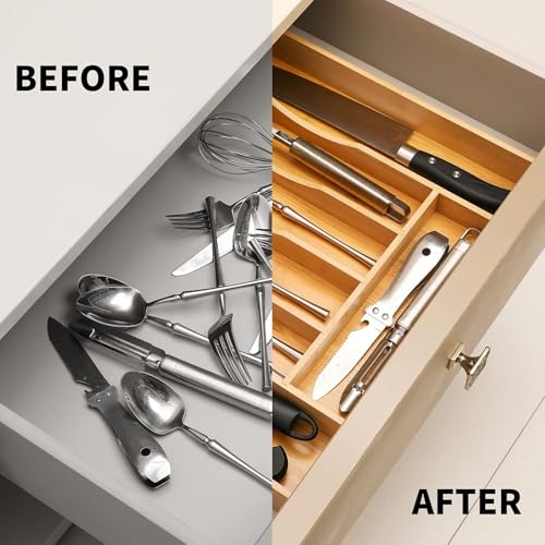2 Piece Bamboo Silverware Organizer (7 Slots Expandable-2Pack / Natural)